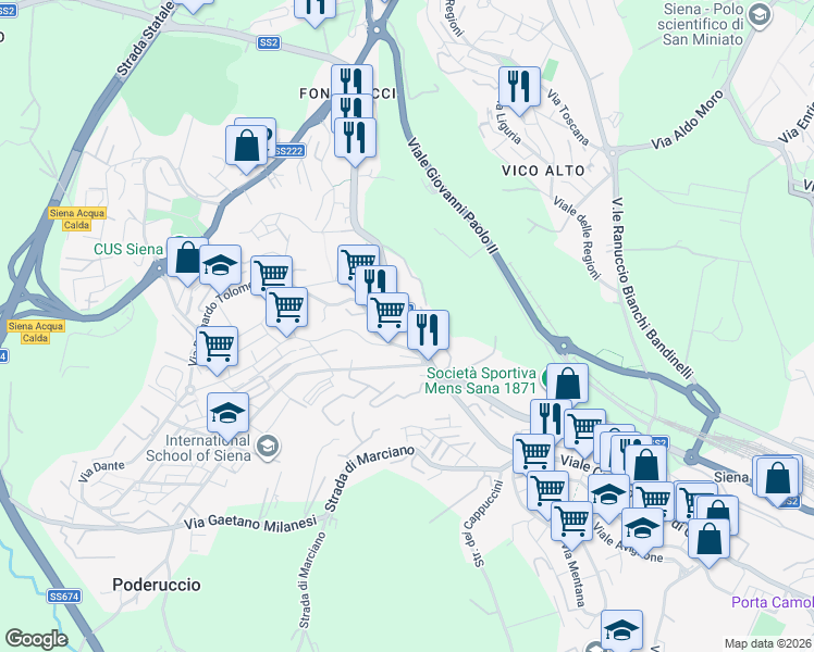 map of restaurants, bars, coffee shops, grocery stores, and more near 60 Via Fiorentina in Siena