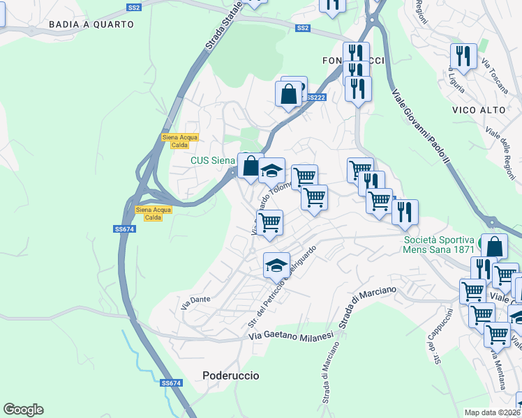 map of restaurants, bars, coffee shops, grocery stores, and more near 16 Via Tommaso Caffarini in Siena