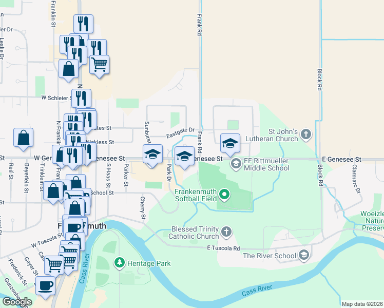 map of restaurants, bars, coffee shops, grocery stores, and more near 128 Frank Road in Frankenmuth