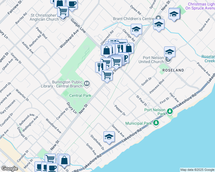 map of restaurants, bars, coffee shops, grocery stores, and more near 2400 New Street in Burlington