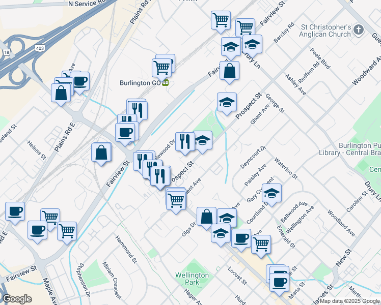 map of restaurants, bars, coffee shops, grocery stores, and more near 2093 Prospect Street in Burlington