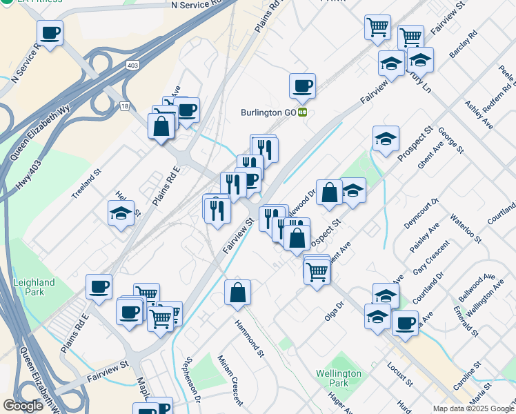 map of restaurants, bars, coffee shops, grocery stores, and more near 2033 Edinburgh Drive in Burlington