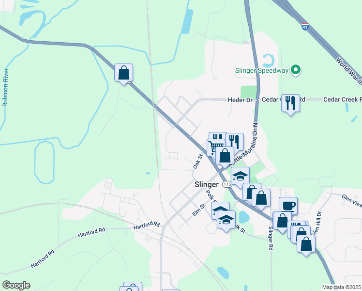 map of restaurants, bars, coffee shops, grocery stores, and more near 217 West Washington Street in Slinger