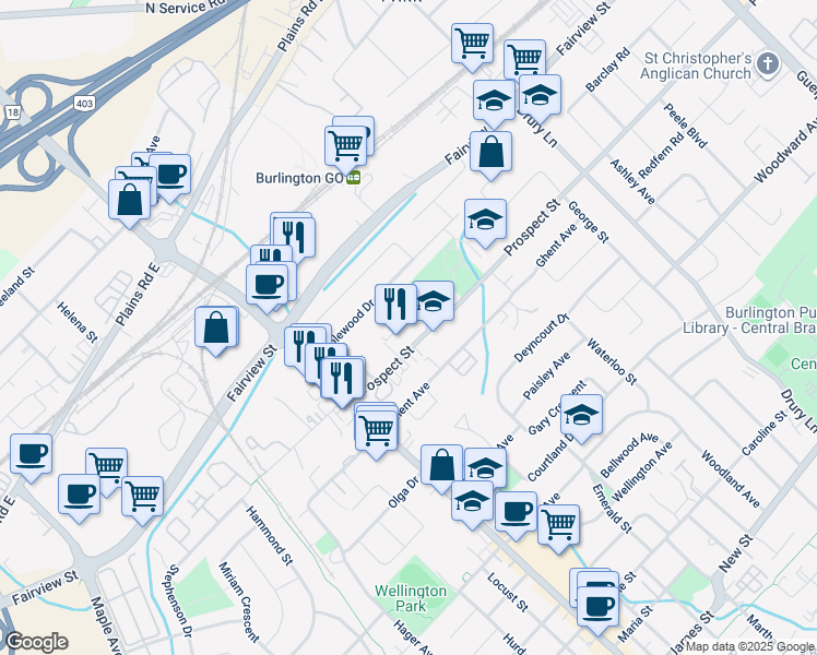 map of restaurants, bars, coffee shops, grocery stores, and more near 2077 Prospect Street in Burlington