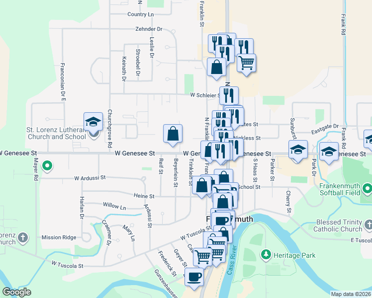 map of restaurants, bars, coffee shops, grocery stores, and more near 300 West Genesee Street in Frankenmuth