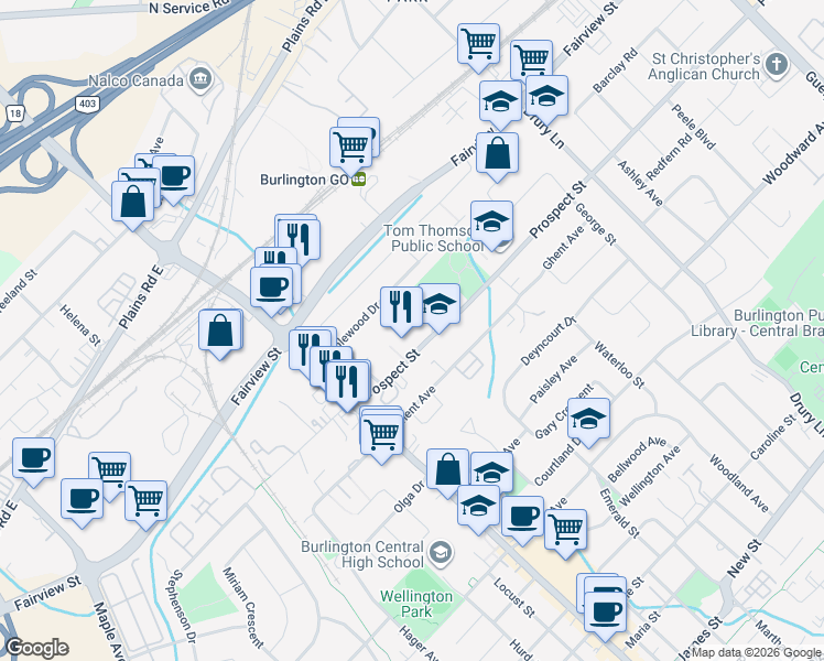 map of restaurants, bars, coffee shops, grocery stores, and more near 2077 Prospect Street in Burlington