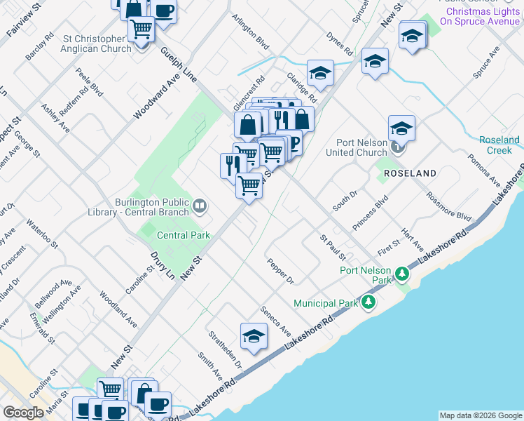 map of restaurants, bars, coffee shops, grocery stores, and more near 2400 New Street in Burlington