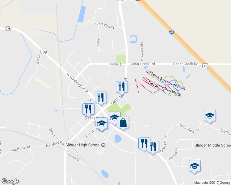 map of restaurants, bars, coffee shops, grocery stores, and more near 205 Kettle Moraine Dr N in Slinger