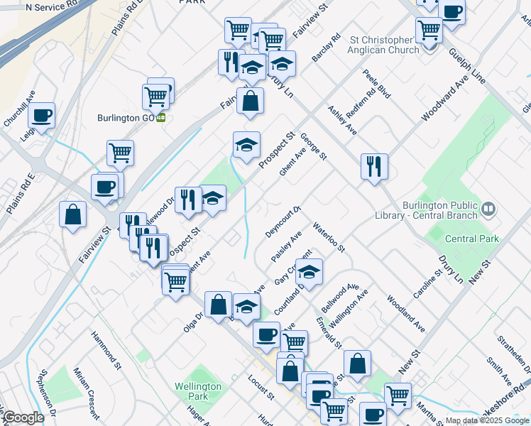 map of restaurants, bars, coffee shops, grocery stores, and more near in Burlington