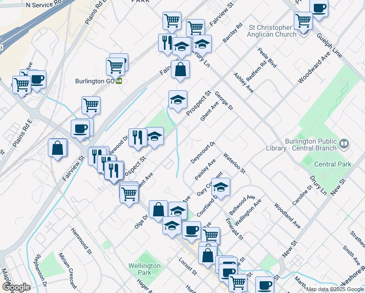 map of restaurants, bars, coffee shops, grocery stores, and more near 2133 Ghent Avenue in Burlington