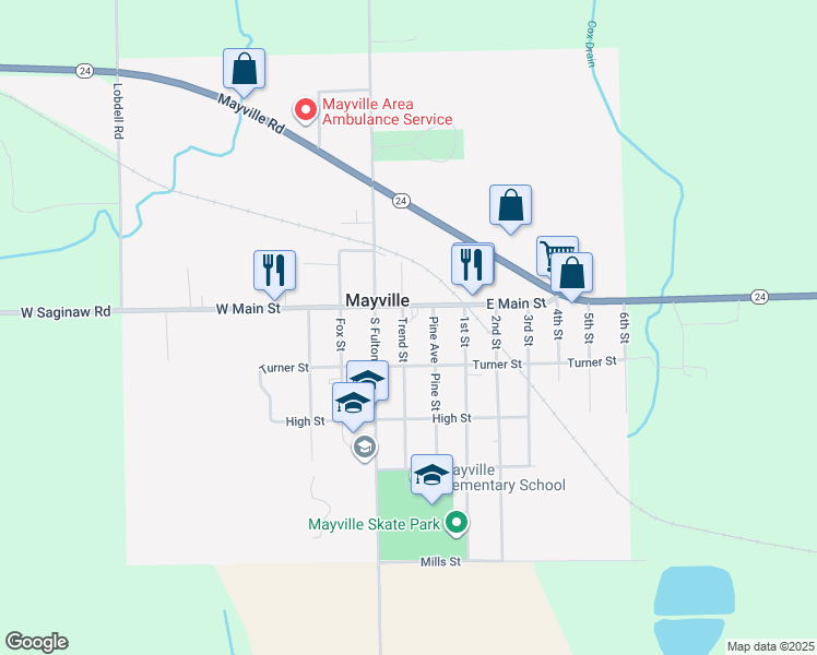 map of restaurants, bars, coffee shops, grocery stores, and more near 6030 Pine Street in Mayville