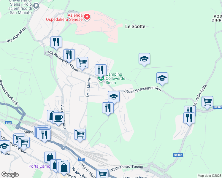 map of restaurants, bars, coffee shops, grocery stores, and more near Strada dei Scacciapensieri in Siena