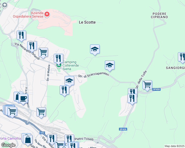 map of restaurants, bars, coffee shops, grocery stores, and more near Strada dei Scacciapensieri in Siena