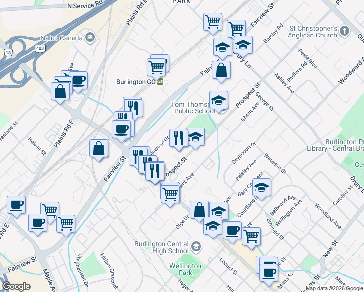 map of restaurants, bars, coffee shops, grocery stores, and more near 2073 Prospect Street in Burlington
