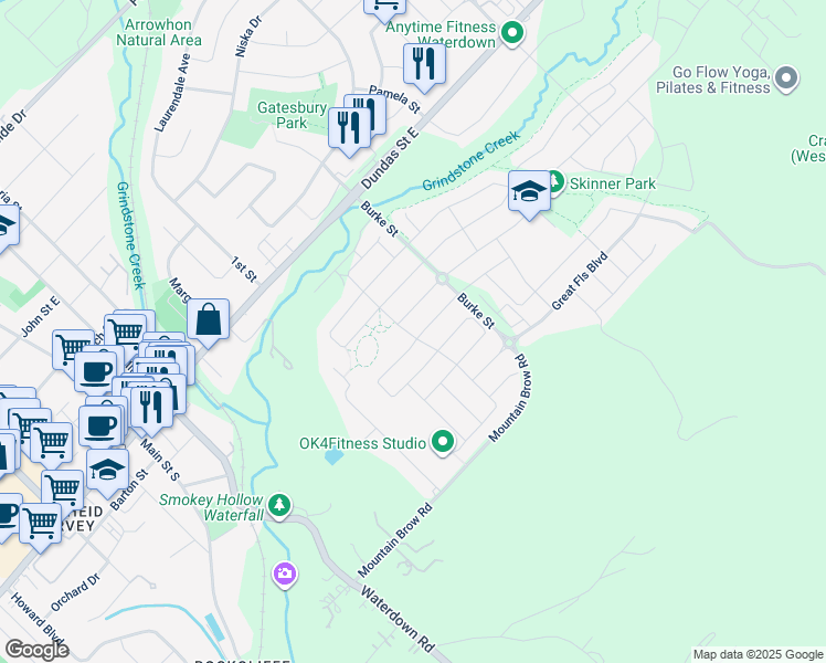 map of restaurants, bars, coffee shops, grocery stores, and more near 10 Skinner Road in Hamilton