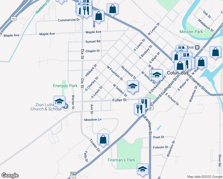 map of restaurants, bars, coffee shops, grocery stores, and more near 722 South Birdsey Street in Columbus