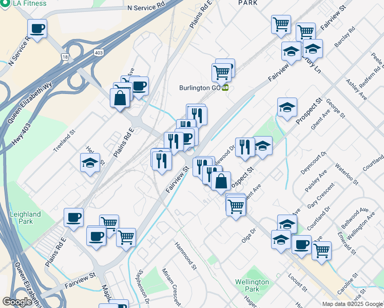 map of restaurants, bars, coffee shops, grocery stores, and more near 2093 Fairview Street in Burlington