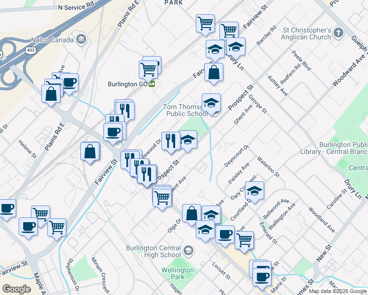 map of restaurants, bars, coffee shops, grocery stores, and more near 2095 Prospect Street in Burlington
