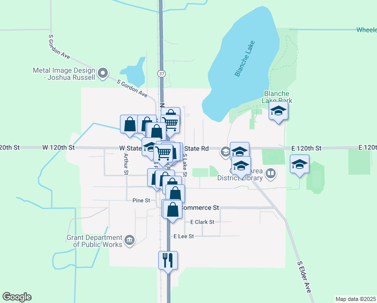 map of restaurants, bars, coffee shops, grocery stores, and more near 8 South Lake Street in Grant