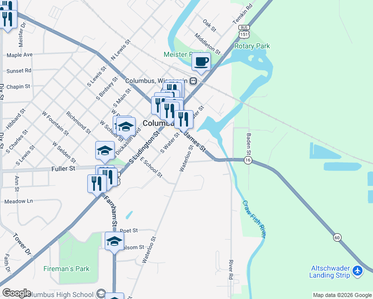 map of restaurants, bars, coffee shops, grocery stores, and more near 132 Waterloo Street in Columbus