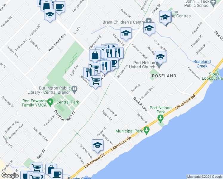map of restaurants, bars, coffee shops, grocery stores, and more near 384 Saint Paul Street in Burlington