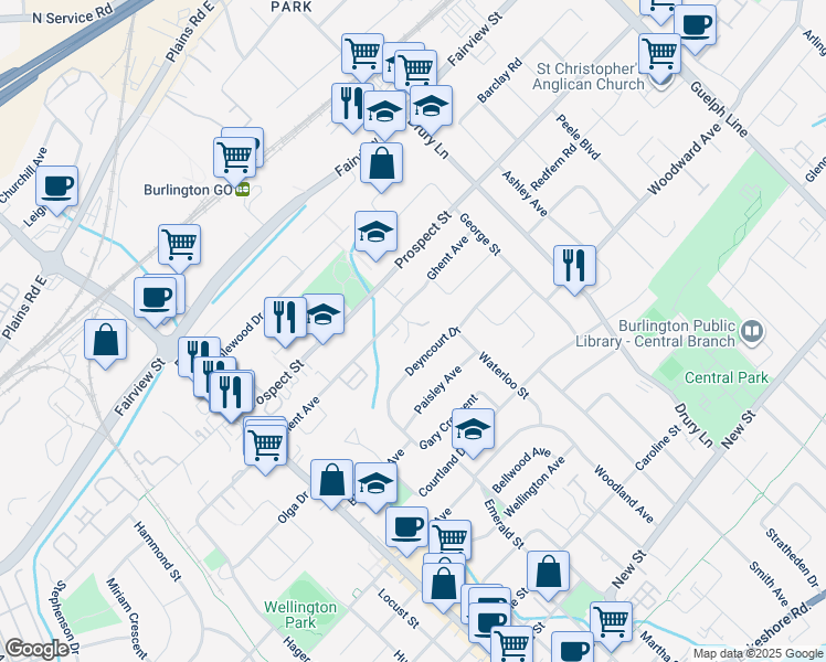 map of restaurants, bars, coffee shops, grocery stores, and more near in Burlington