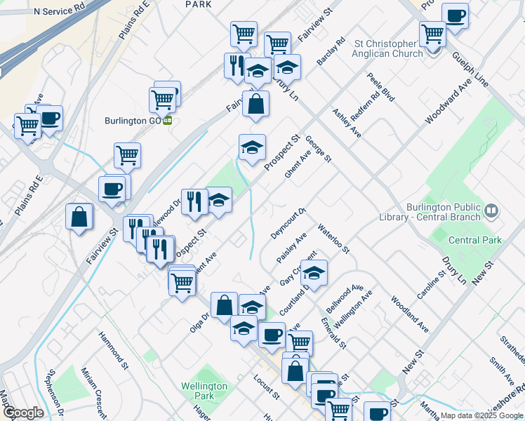 map of restaurants, bars, coffee shops, grocery stores, and more near 2133 Ghent Avenue in Burlington