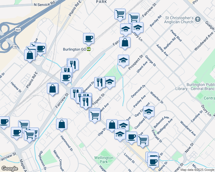 map of restaurants, bars, coffee shops, grocery stores, and more near 2093 Prospect Street in Burlington