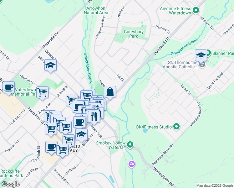map of restaurants, bars, coffee shops, grocery stores, and more near 358 Dundas Street East in Hamilton