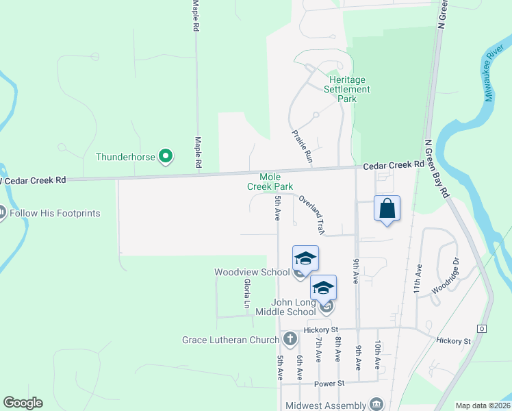 map of restaurants, bars, coffee shops, grocery stores, and more near 437 Overland Trail in Grafton