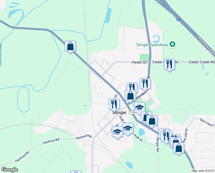 map of restaurants, bars, coffee shops, grocery stores, and more near 217 West Washington Street in Slinger