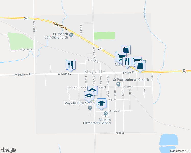 map of restaurants, bars, coffee shops, grocery stores, and more near 6017 Fulton Street in Mayville