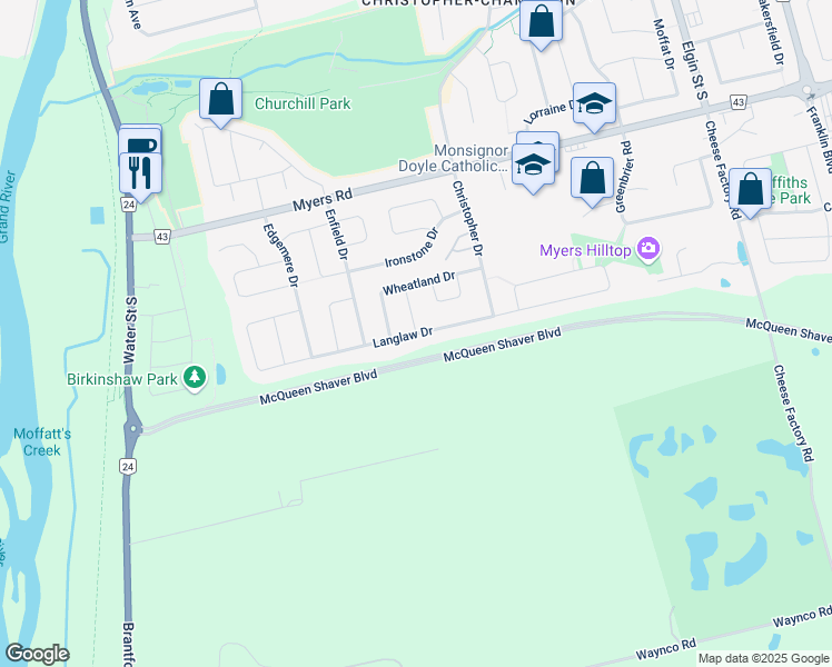 map of restaurants, bars, coffee shops, grocery stores, and more near Langlaw Drive in Cambridge
