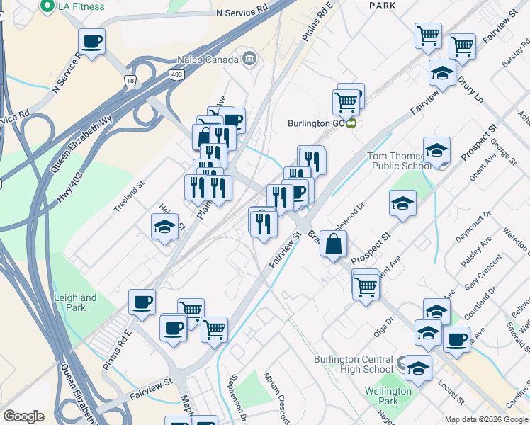 map of restaurants, bars, coffee shops, grocery stores, and more near 930 Brant Street in Burlington