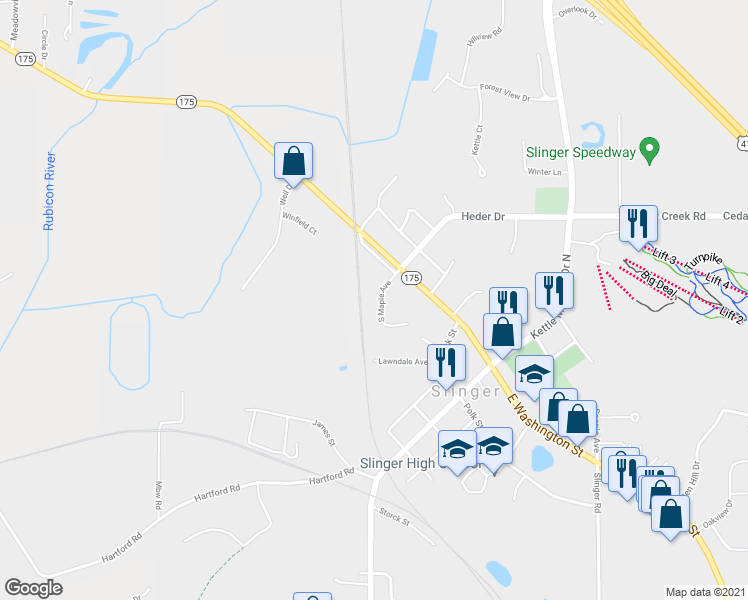 map of restaurants, bars, coffee shops, grocery stores, and more near 121 North Maple Avenue in Slinger