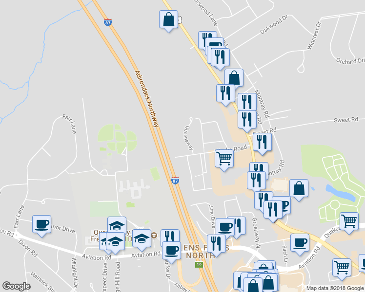 map of restaurants, bars, coffee shops, grocery stores, and more near 5 Queens Way in Queensbury