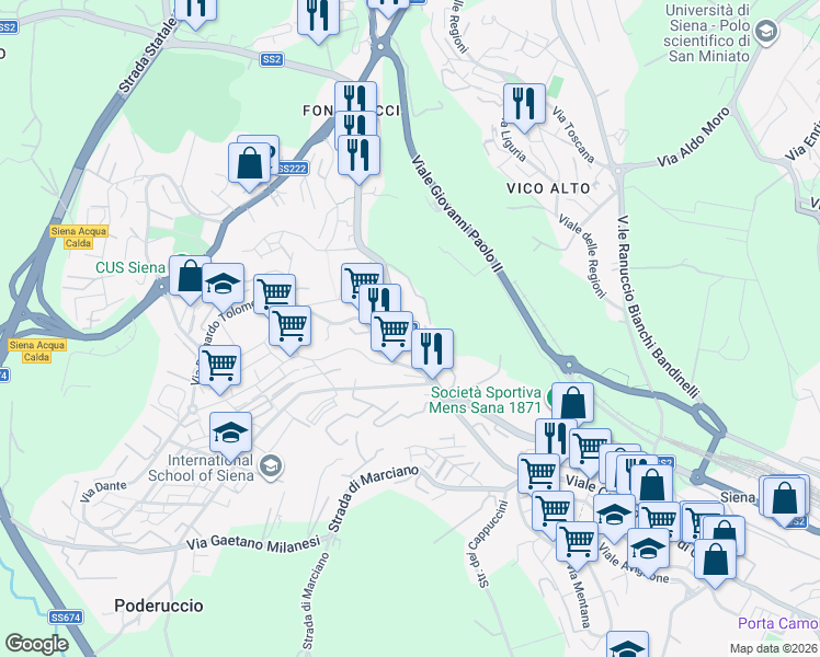 map of restaurants, bars, coffee shops, grocery stores, and more near 60 Via Fiorentina in Siena