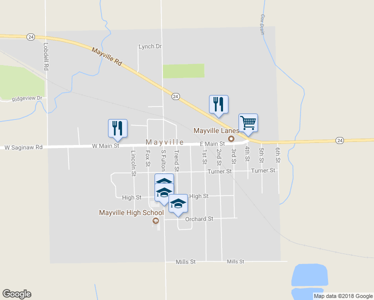 map of restaurants, bars, coffee shops, grocery stores, and more near 6030 Pine Street in Mayville