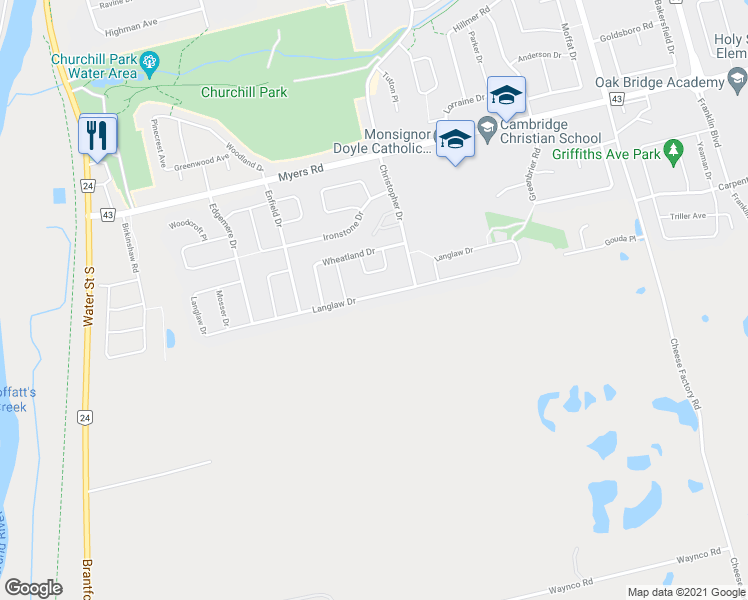 map of restaurants, bars, coffee shops, grocery stores, and more near 317 Langlaw Drive in Cambridge