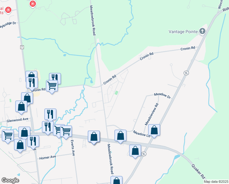map of restaurants, bars, coffee shops, grocery stores, and more near 140 Cronin Road in Queensbury