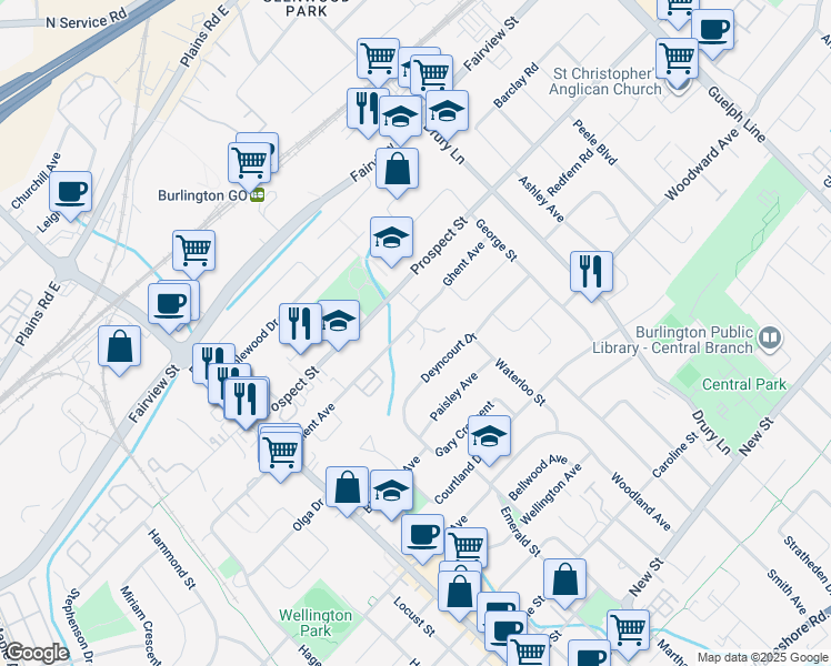 map of restaurants, bars, coffee shops, grocery stores, and more near in Burlington