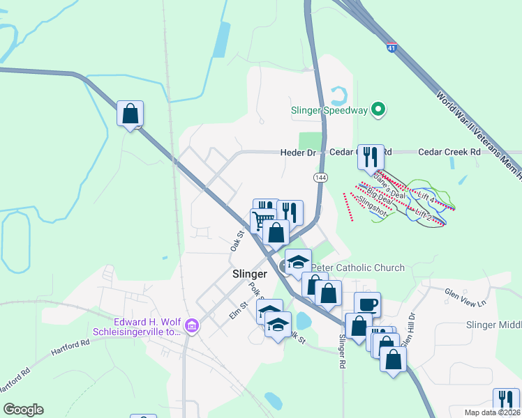 map of restaurants, bars, coffee shops, grocery stores, and more near 110 Eiche Drive in Slinger