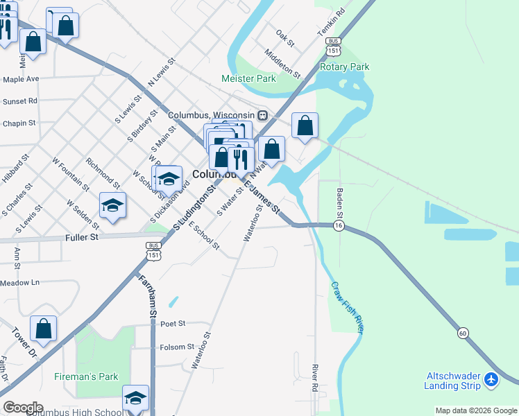 map of restaurants, bars, coffee shops, grocery stores, and more near 132 Waterloo Street in Columbus