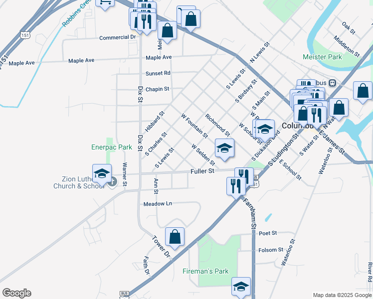 map of restaurants, bars, coffee shops, grocery stores, and more near 722 South Birdsey Street in Columbus