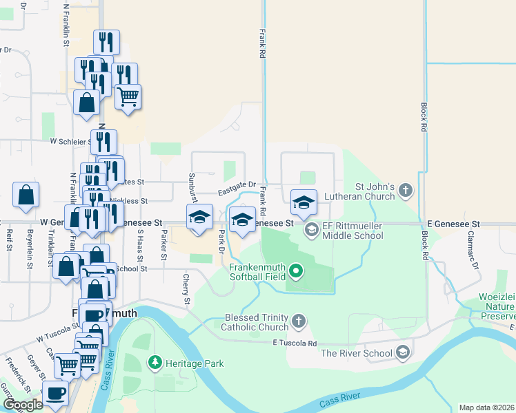 map of restaurants, bars, coffee shops, grocery stores, and more near 128 Frank Rd in Frankenmuth