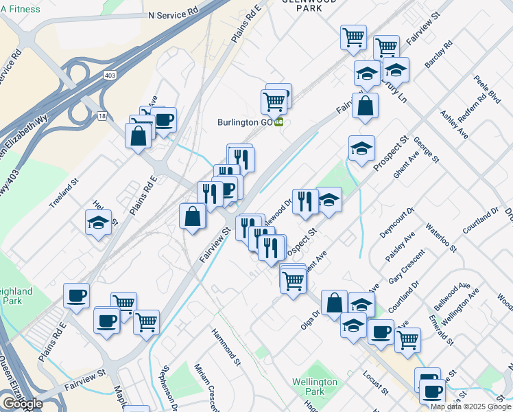 map of restaurants, bars, coffee shops, grocery stores, and more near 2033 Edinburgh Drive in Burlington