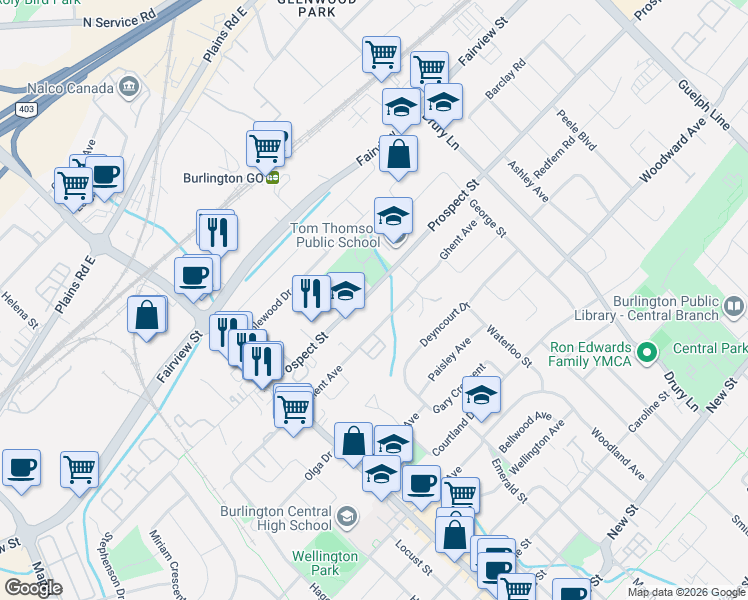 map of restaurants, bars, coffee shops, grocery stores, and more near in Burlington