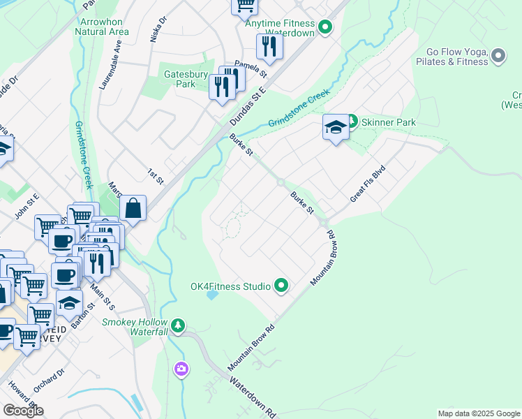 map of restaurants, bars, coffee shops, grocery stores, and more near 10 Skinner Road in Hamilton
