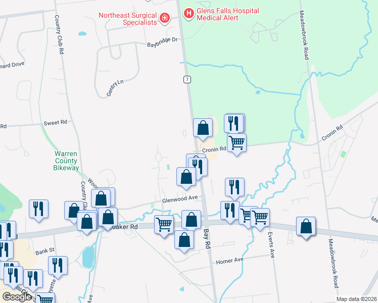 map of restaurants, bars, coffee shops, grocery stores, and more near 395 Bay Road in Glens Falls North