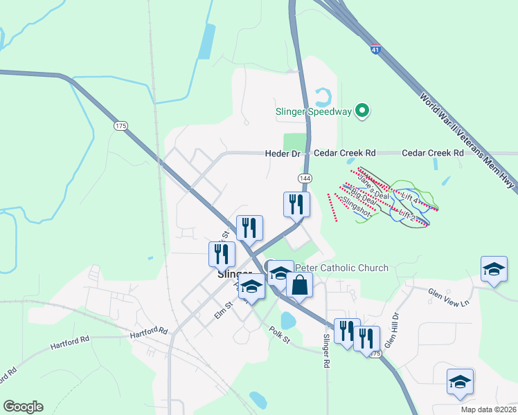 map of restaurants, bars, coffee shops, grocery stores, and more near 205 Kettle Moraine Drive North in Slinger